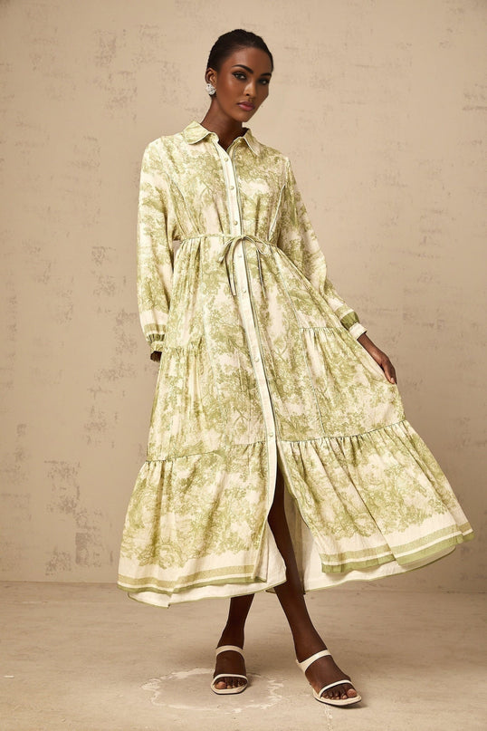 Natasha Green and White Midi Dress Flared Skirt with Graffiti Print