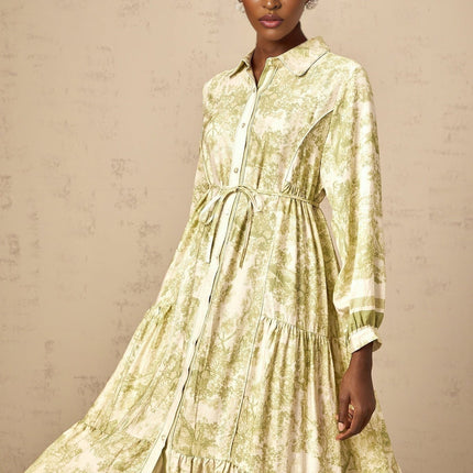 Natasha Green and White Midi Dress Flared Skirt with Graffiti Print