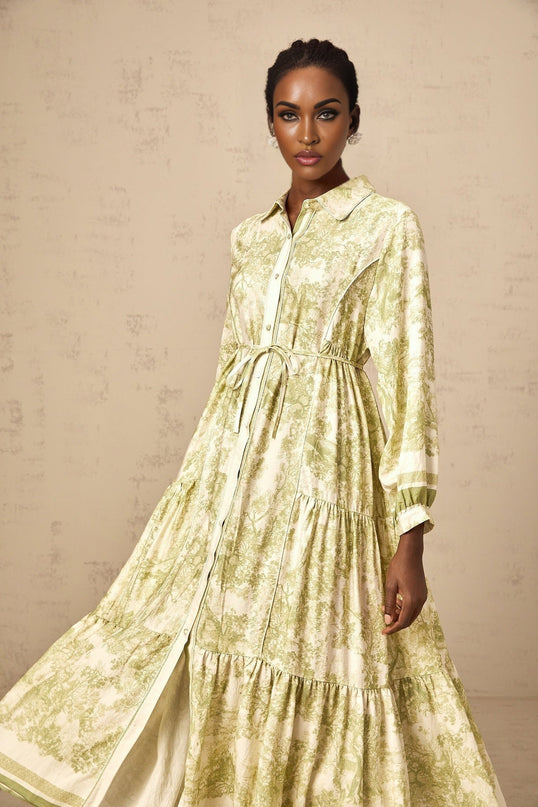 Natasha Green and White Midi Dress Flared Skirt with Graffiti Print