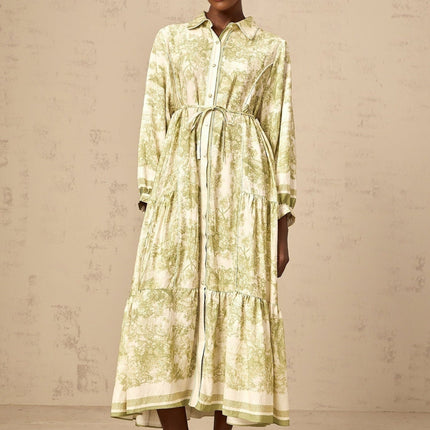 Natasha Green White Midi Dress Flared Skirt Ramie Cotton Smudged Graffiti Print