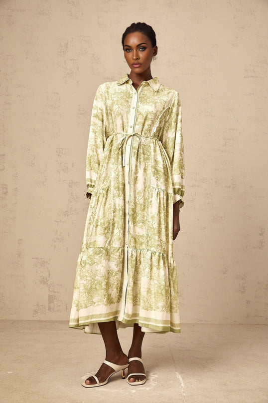 Natasha Green White Midi Dress Flared Skirt Ramie Cotton Smudged Graffiti Print