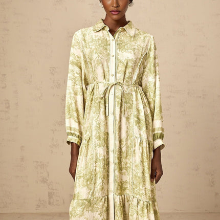 Natasha Green and White Midi Dress Flared Skirt with Smudged Graffiti Print