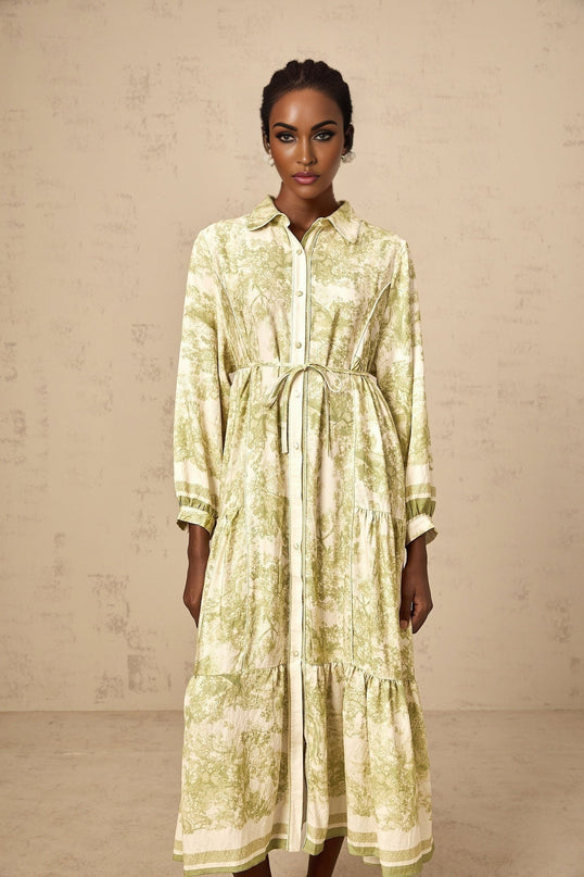 Natasha Green and White Midi Dress Flared Skirt with Smudged Graffiti Print