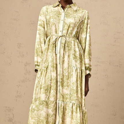 Natasha Green and White Midi Dress Flared Skirt