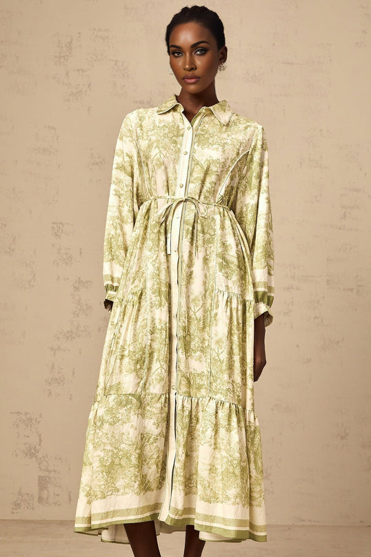 Natasha Green and White Midi Dress Flared Skirt