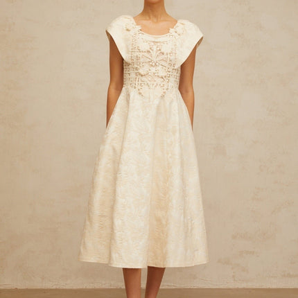 Natasha Midi Dress Neutrals Floral Embroidery Faux-Pearl Embellishments Cinched Waist Puff Skirt Cut-Out Design Cap Sleeves Rear Zip Fastening Lined Terylene Fiber Special Occasions Evening Events Elegance Grace