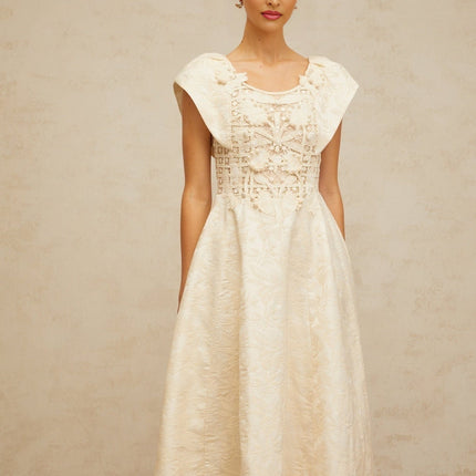 Natasha Midi Dress Neutrals Embroidered Faux-Pearl Cinched Waist Puff Skirt Cut-Out Design Cap Sleeves Rear Zip Lined Terylene Fiber Elegant Graceful