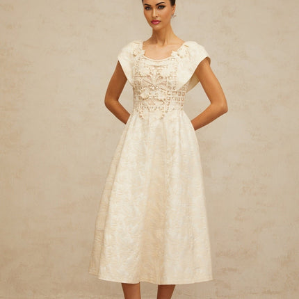 Natasha Midi Dress Neutrals Embroidered Faux-Pearl Cinched Waist Puff Skirt Cut-Out Design Cap Sleeves Rear Zip Lined Terylene Fiber Elegant Graceful