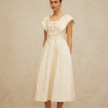 Natasha Midi Dress Neutrals Floral Embroidery Faux-Pearl Embellishments Cinched Waist Puff Skirt Cut-Out Design Cap Sleeves Rear Zip Fastening Lined Terylene Fiber Special Occasions Evening Events Elegance Grace