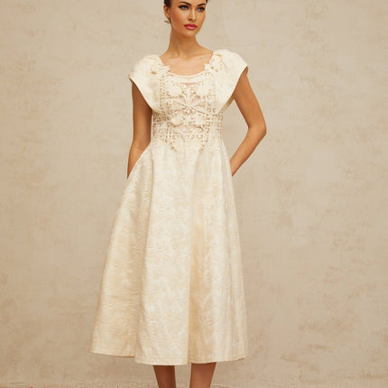 Natasha Midi Dress Neutrals Embroidered Faux-Pearl Cinched Waist Puff Skirt Cut-Out Design Cap Sleeves Rear Zip Lined Terylene Fiber Elegant Graceful