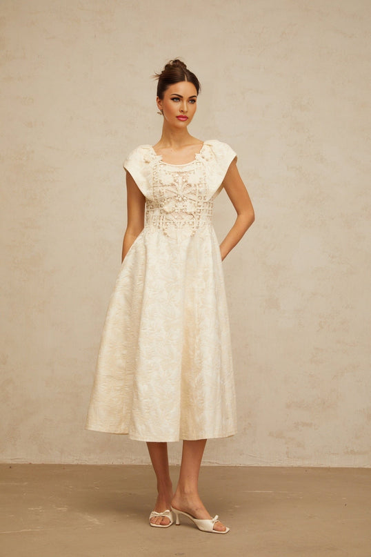 Natasha Midi Dress Neutrals Embroidered Faux-Pearl Cinched Waist Puff Skirt Cut-Out Design Cap Sleeves Rear Zip Lined Terylene Fiber Elegant Graceful