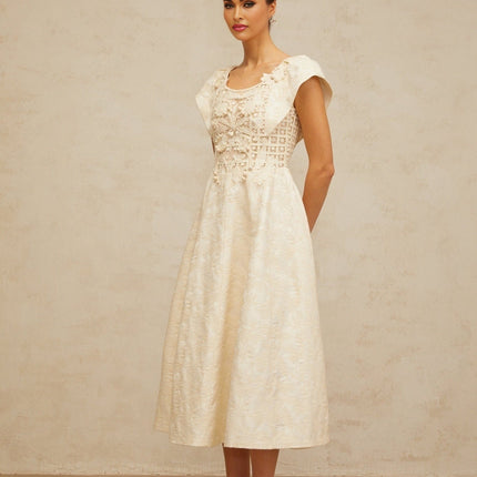Natasha Midi Dress Neutrals Embroidered Faux-Pearl Cinched Waist Puff Skirt Cut-Out Design Cap Sleeves Rear Zip Fastening Terylene Fiber