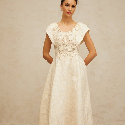 Natasha Midi Dress Neutrals Embroidered Faux-Pearl Cinched Waist Puff Skirt Cut-Out Design Cap Sleeves Rear Zip Lined Terylene Fiber Elegant Graceful