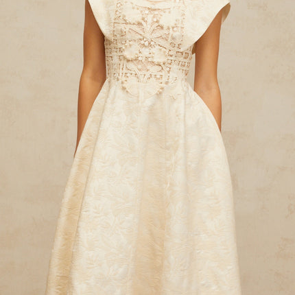 Natasha Midi Dress Neutrals Embroidered Faux-Pearl Cinched Waist Puff Skirt Cut-Out Design Cap Sleeves Rear Zip 100% Terylene Fiber Elegant Graceful