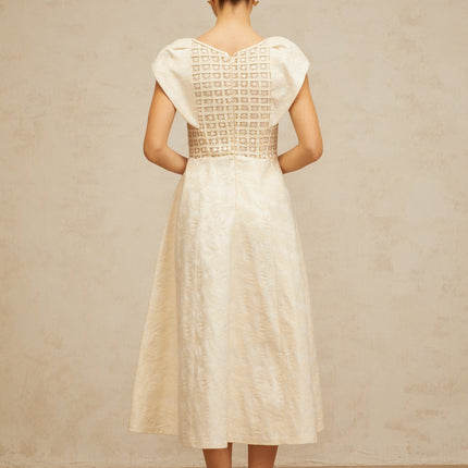 Natasha Neutrals Floral Embroidered Midi Dress Faux-Pearl Embellishments Cinched Waist Puff Skirt Cut-Out Design Cap Sleeves Rear Zip Fastening 100% Terylene Fiber Lined Elegant Graceful Special Occasions Evening Events
