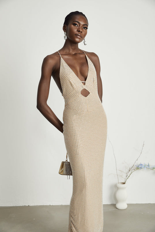 Natasha Neutrals Plunging V-neck Cut-out Midi Dress