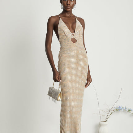 Natasha Neutrals Plunging V-neck Cut-out Midi Dress