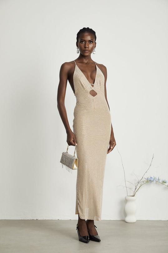 Natasha Neutrals Plunging V-neck Cut-out Midi Dress