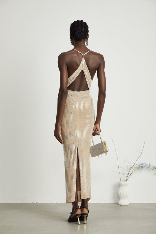 Natasha Neutrals Plunging V-neck Cut-out Midi Dress