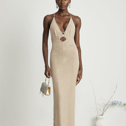 Natasha Plunging V-neck Cut-out Midi Dress in Neutrals