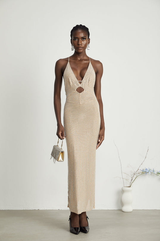 Natasha Plunging V-neck Cut-out Midi Dress in Neutrals