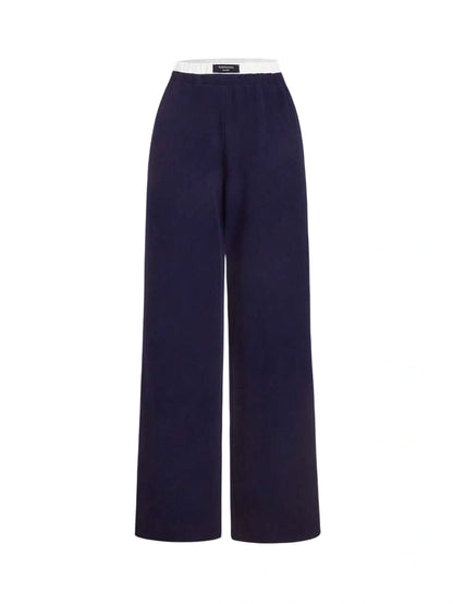 Navy Blue Casual Versatile Contrast Trim Wide Leg Sports Pants For Women