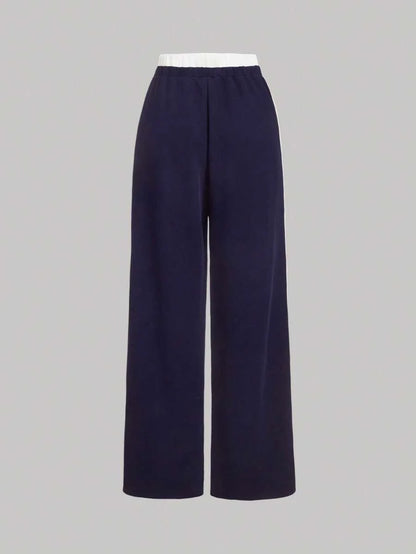 Navy Blue Casual Versatile Contrast Trim Wide Leg Sports Pants For Women