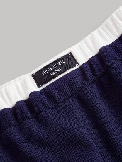 Navy Blue Casual Versatile Contrast Trim Wide Leg Sports Pants For Women
