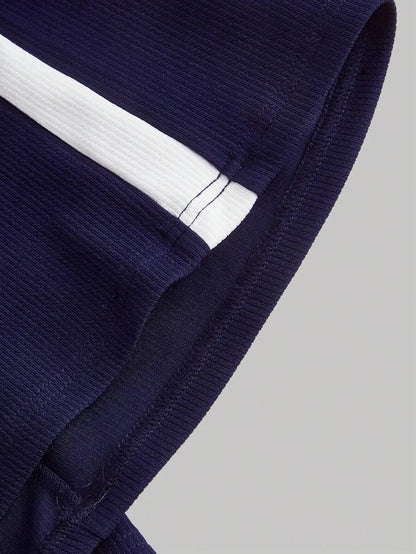 Navy Blue Casual Versatile Contrast Trim Wide Leg Sports Pants For Women
