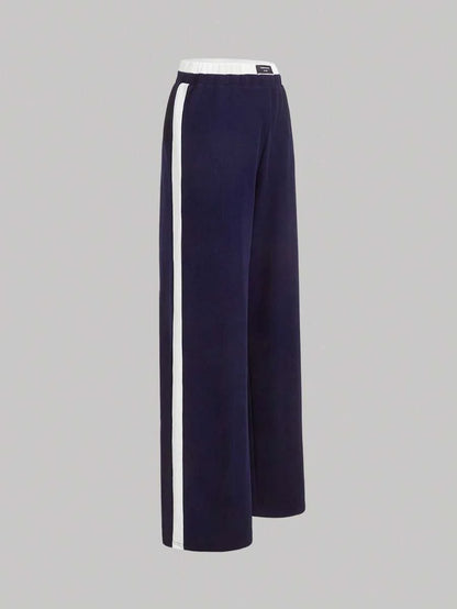 Navy Blue Casual Versatile Contrast Trim Wide Leg Sports Pants For Women