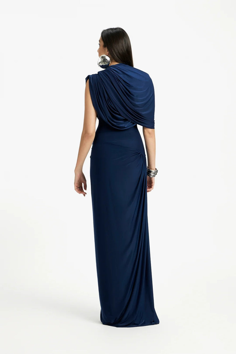 Navy Sleeveless Pleated Asymmetrical Ruched Draped Floor Length Dress