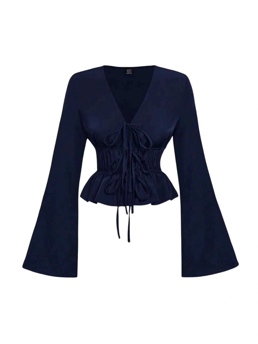 Navy blue blouse with lace-up waist and flare sleeves