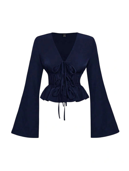 Navy blue blouse with lace-up waist and flare sleeves
