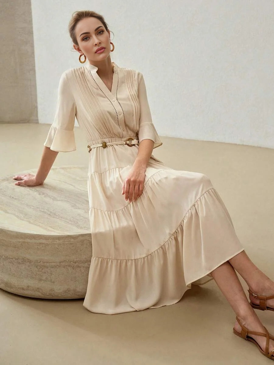 NECK FLARE SLEEVE TIERED HEM DRESSSUMMER OUTFITS