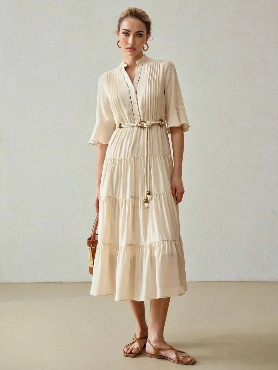 NECK FLARE SLEEVE TIERED HEM DRESSSUMMER OUTFITS