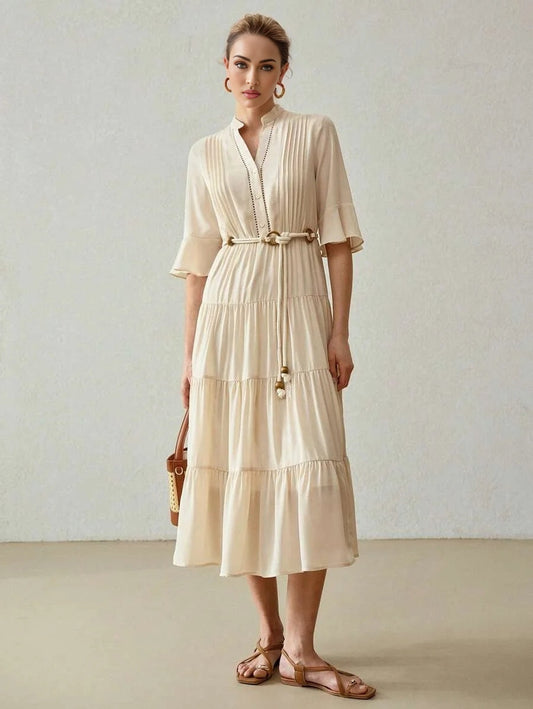 NECK FLARE SLEEVE TIERED HEM DRESSSUMMER OUTFITS