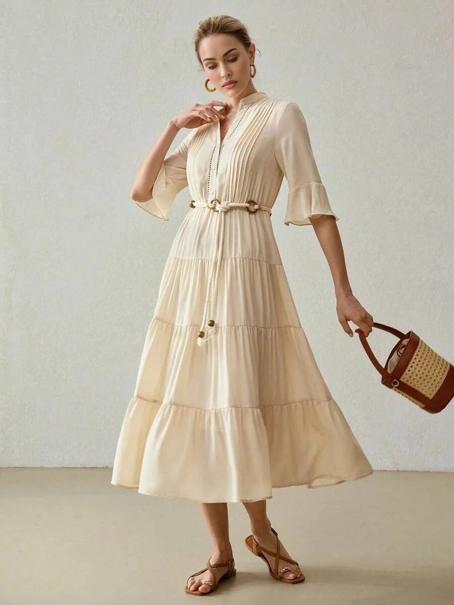 NECK FLARE SLEEVE TIERED HEM DRESSSUMMER OUTFITS