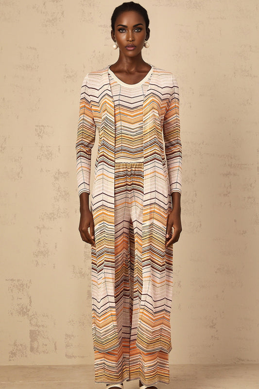 Neutral colored long cardigan with striped knit pattern worn by woman model