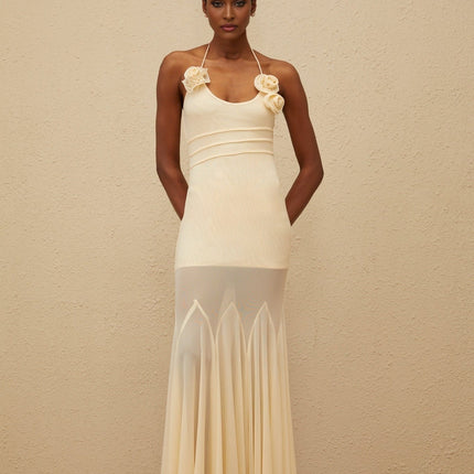 Neutral halterneck mesh maxi dress with 3D-petal detailing in size M