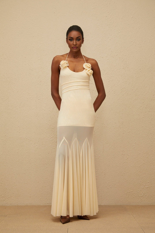 Neutral halterneck mesh maxi dress with 3D-petal detailing in size M