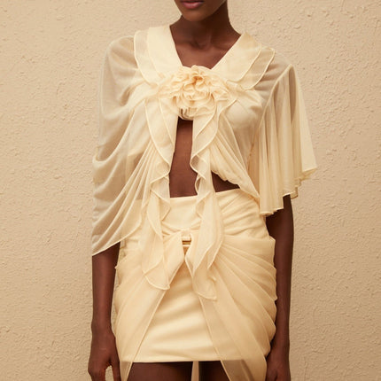 Sophisticated woman wearing Neutral Ruched Tulle Top & Skirt Set from Pénombre
