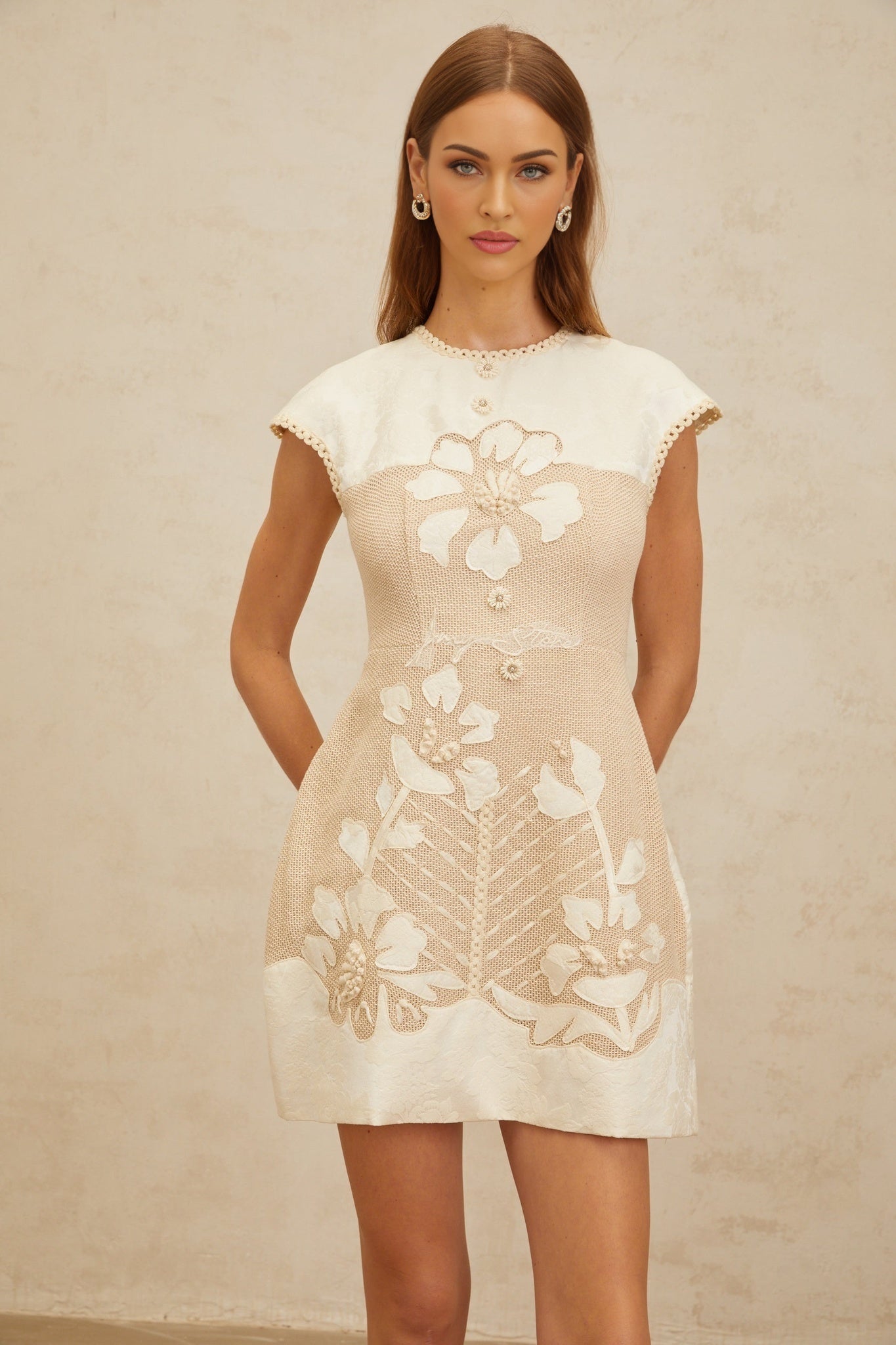 Neutrals A-Line Crochet Panelling Mini Dress with Floral Embroidery and Faux-Pearl Detailing
