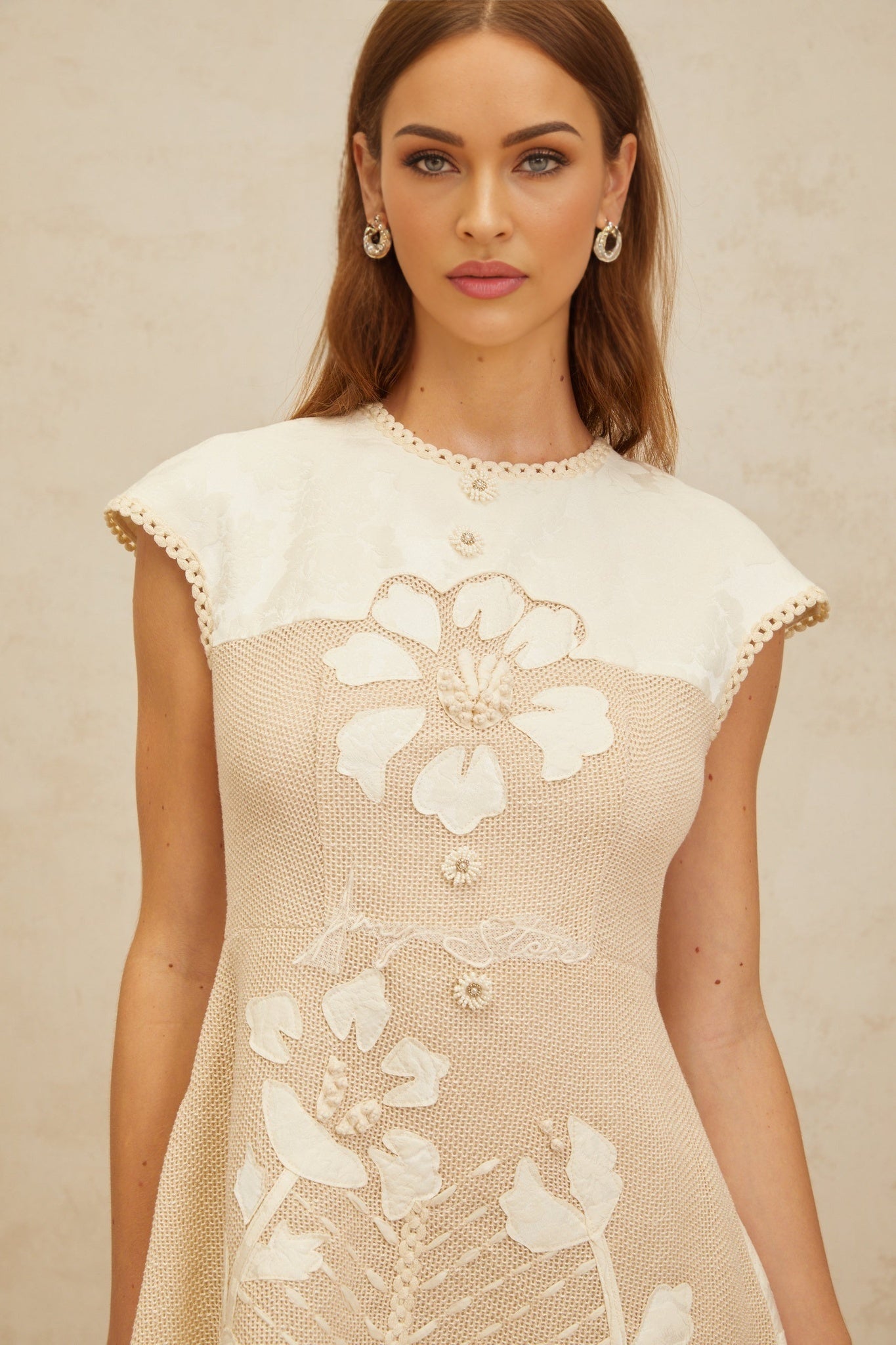 Neutrals A-Line Dress with Crochet Panelling and Floral Embroidery