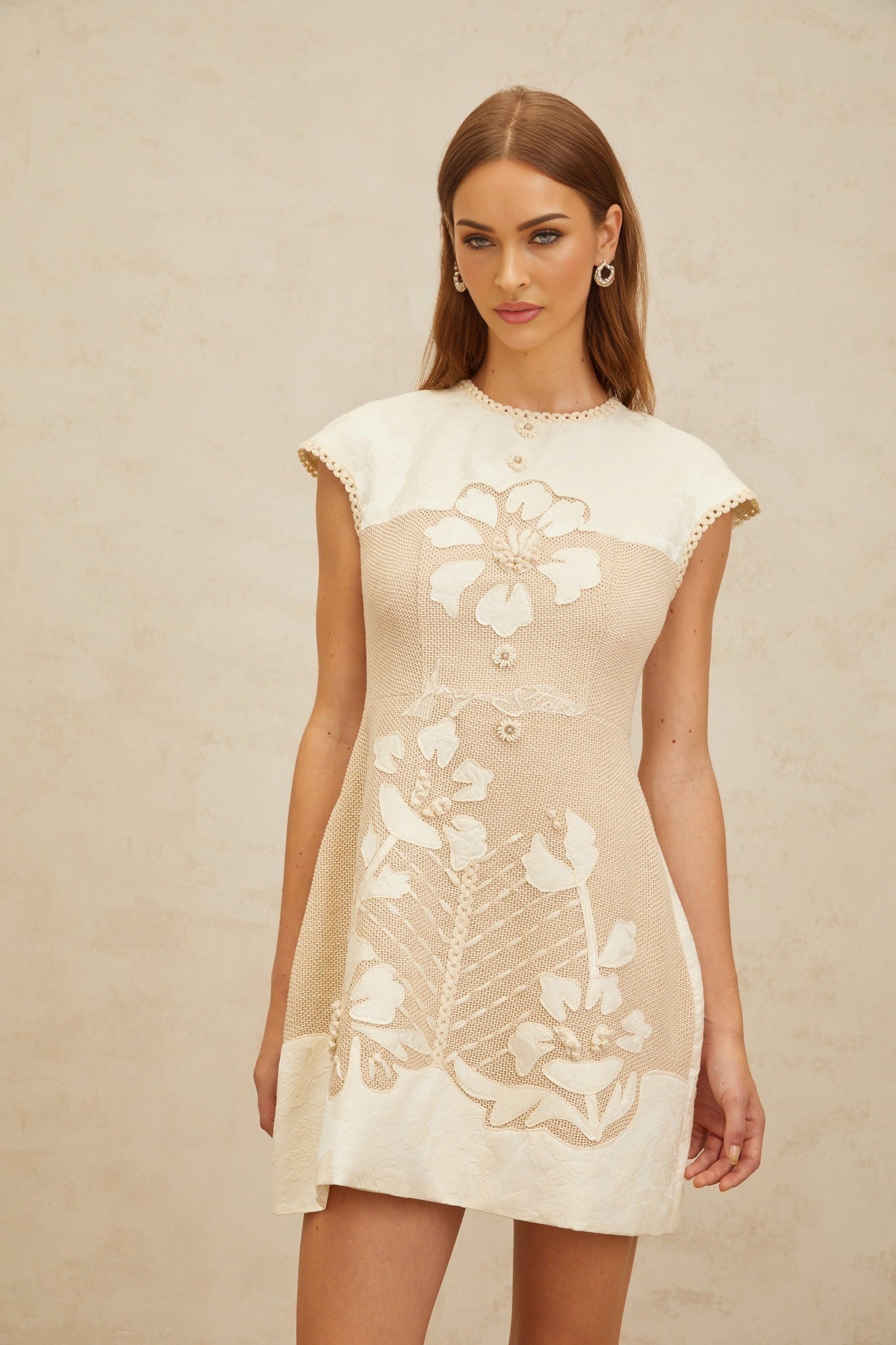 Neutrals A-Line Dress with Floral Embroidery and Faux-Pearl Embellishment