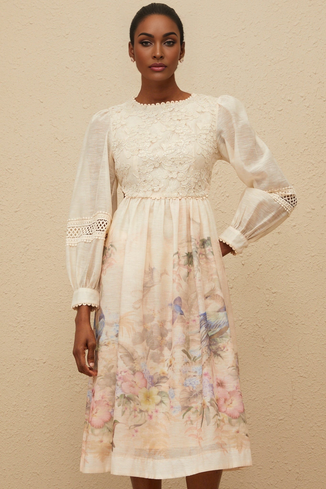 Neutrals Beige Multicolor Floral Embroidered Midi Dress with Puff Sleeves and Cut-Out Detailing