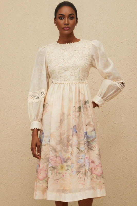 Neutrals Beige Multicolor Floral Embroidered Midi Dress with Puff Sleeves and Cut-Out Detailing