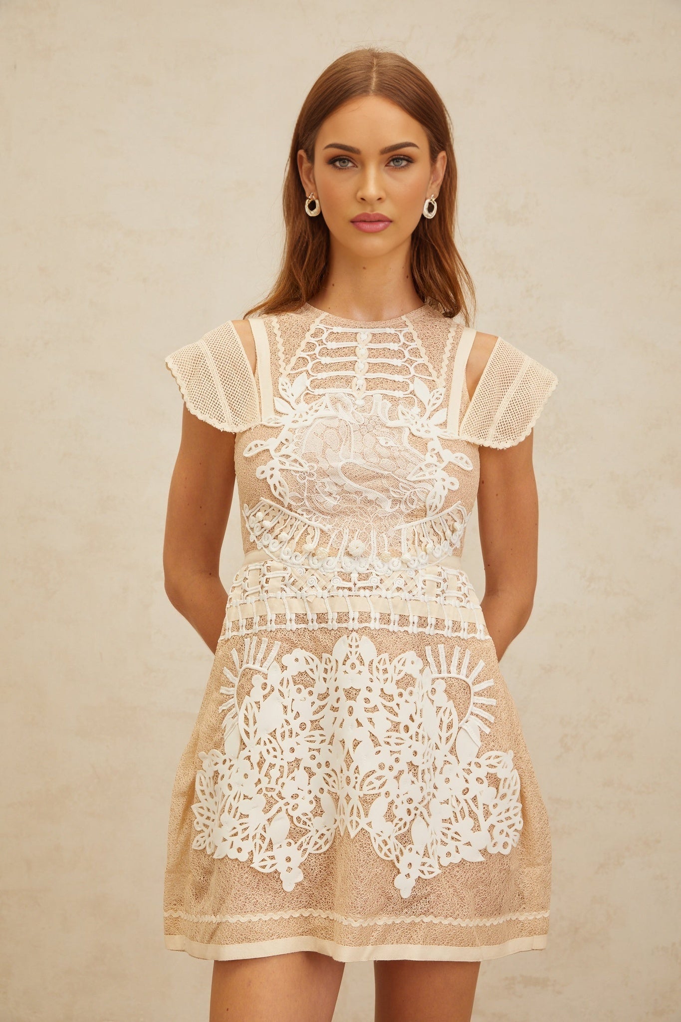Neutrals Crochet Floral Jacquard Mini Dress with Cap Sleeves and Bead Embellishment