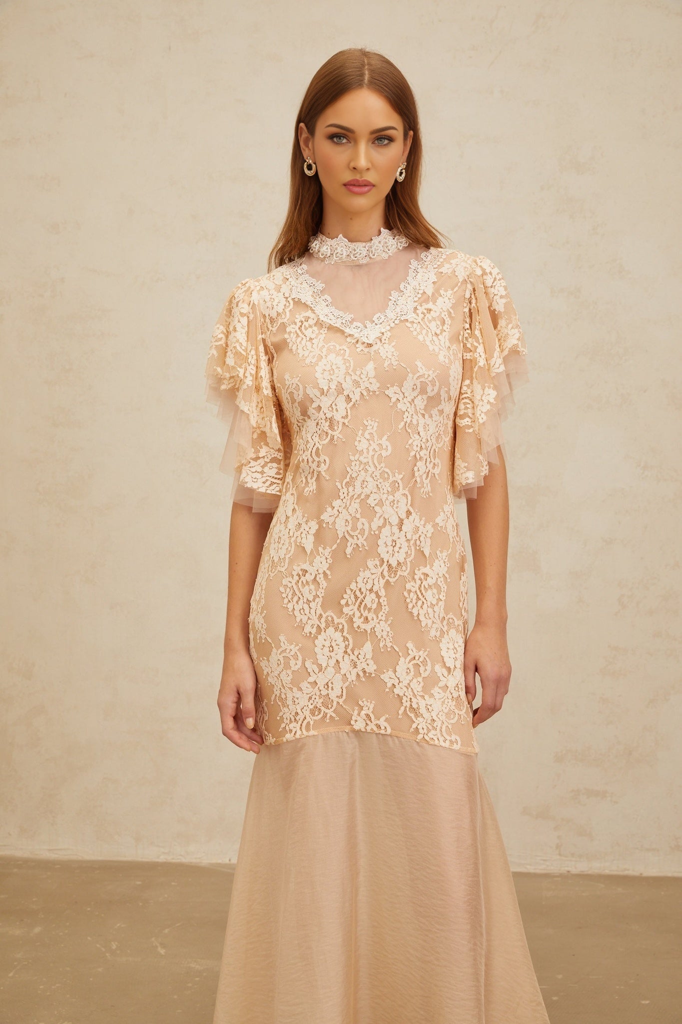 Neutrals floral lace mermaid hem midi dress with bead embellishment