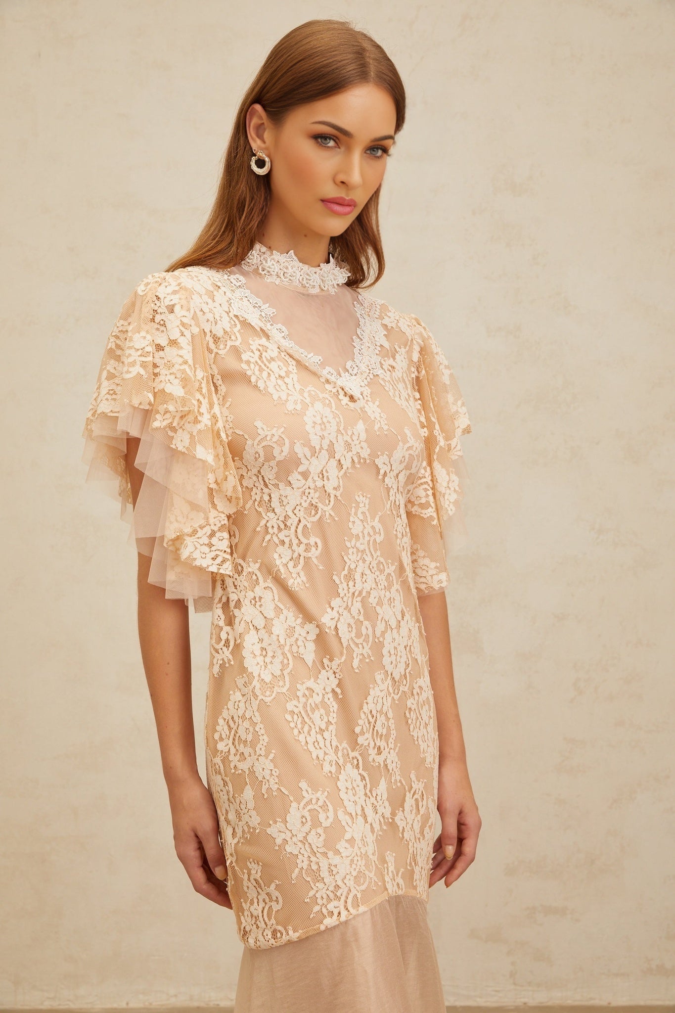 Neutrals Floral Lace Mermaid Hem Midi Dress