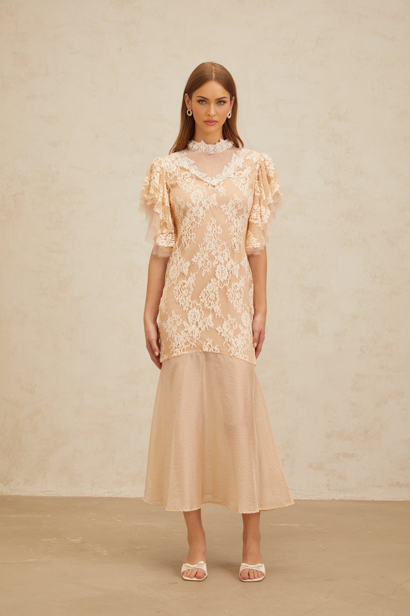 Neutrals Floral Lace Mermaid Hem Midi Dress with Ruffled Batwing Sleeves